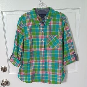 Bold Green and Blue Button Down Shirt with Rolled Sleeves